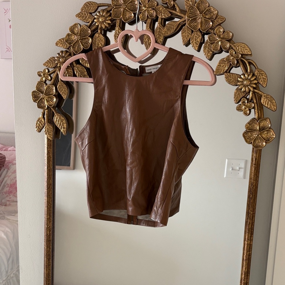 Good American Brown Sleeveless faux Leather crop top.